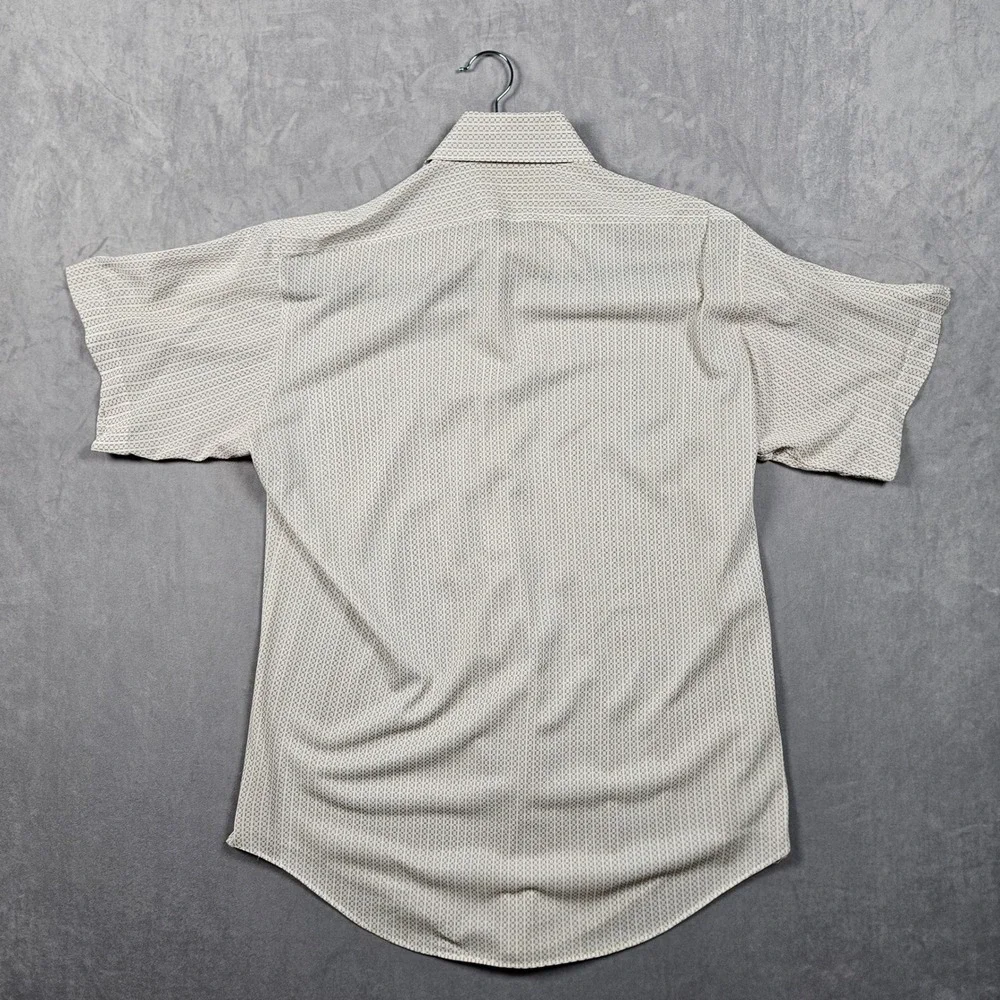 Vintage Sears Knit Dress Shirt Mens L-XL Trim R White Geometric Perma-Prest 70s‎